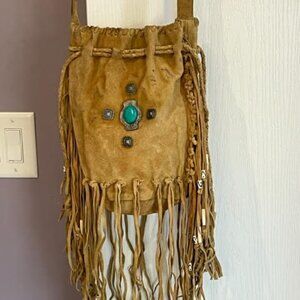 Free People Suede Leather Beaded Fringe Crossbody with Faux Turquoise